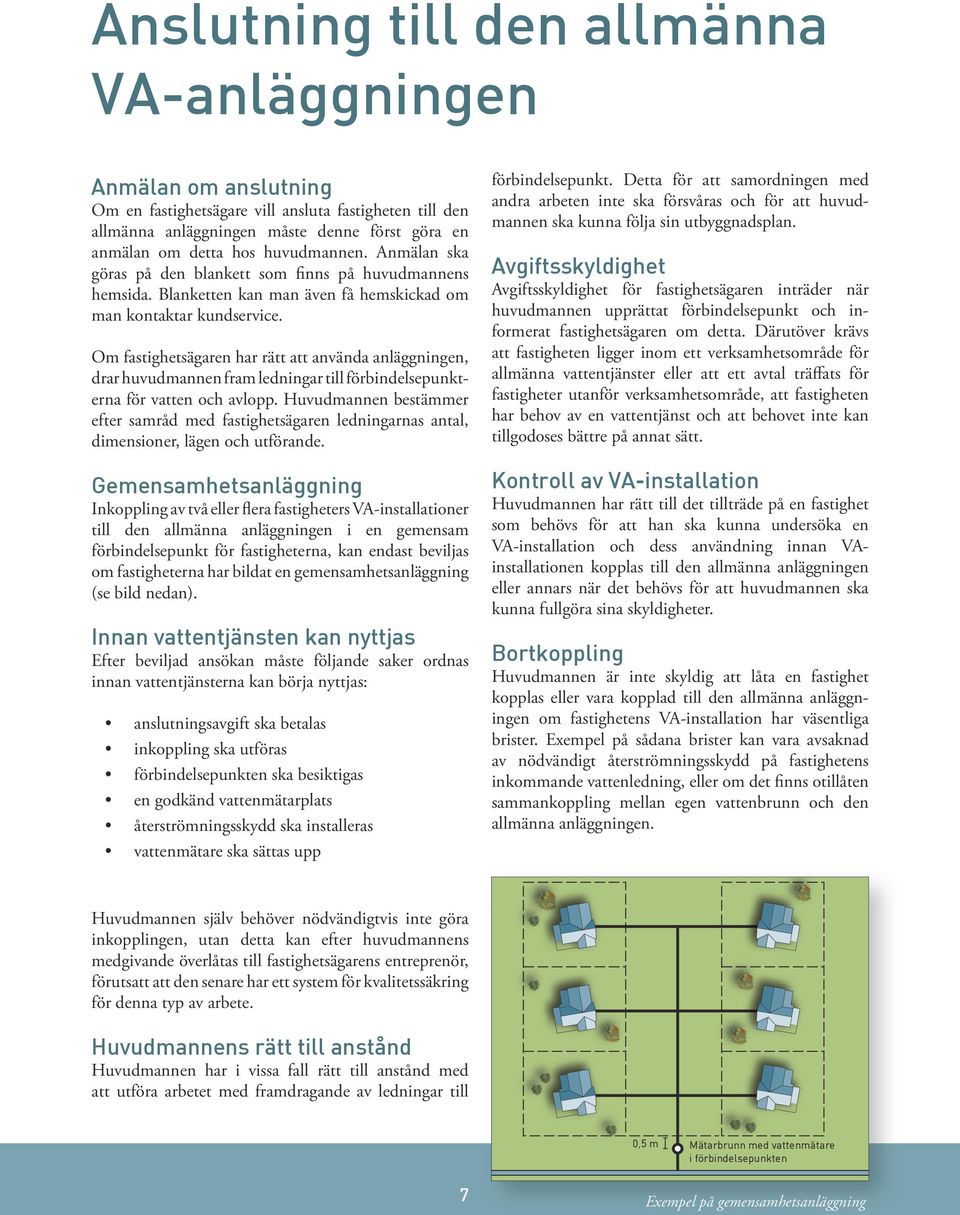 Om fastighetsägaren har rätt att använda anläggningen, drar huvudmannen fram ledningar till förbindelsepunkterna för vatten och avlopp.