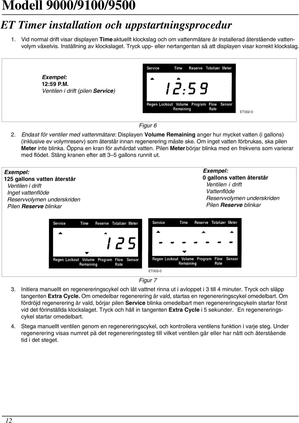 Endast för ventiler med vattenmätare: Displayen Volume Remaining anger hur mycket vatten (i gallons) (inklusive ev volymreserv) som återstår innan regenerering måste ske.