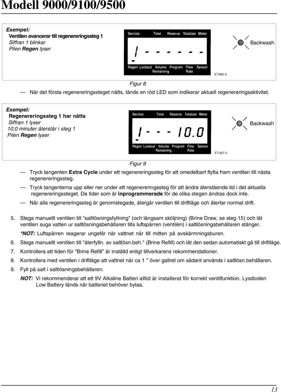 0 minuter återstår i steg 1 Pilen Regen lyser Backwash Figur 9 Tryck tangenten Extra Cycle under ett regenereringssteg för att omedelbart flytta fram ventilen till nästa regenereringssteg.