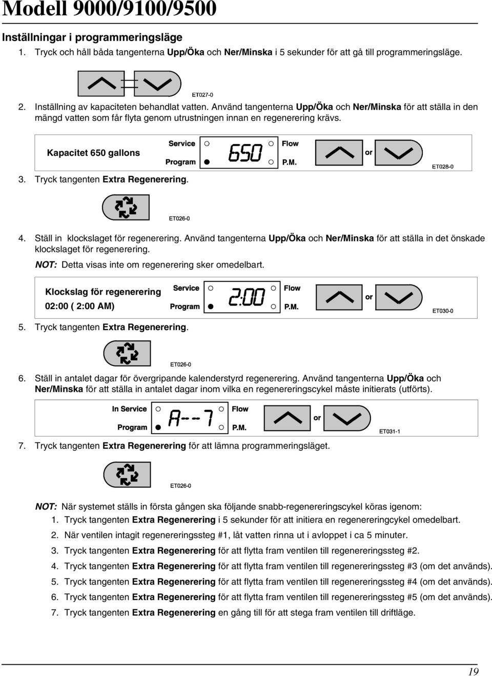 4. Ställ in klockslaget för regenerering. Använd tangenterna Upp/Öka och Ner/Minska för att ställa in det önskade klockslaget för regenerering. NOT: Detta visas inte om regenerering sker omedelbart.