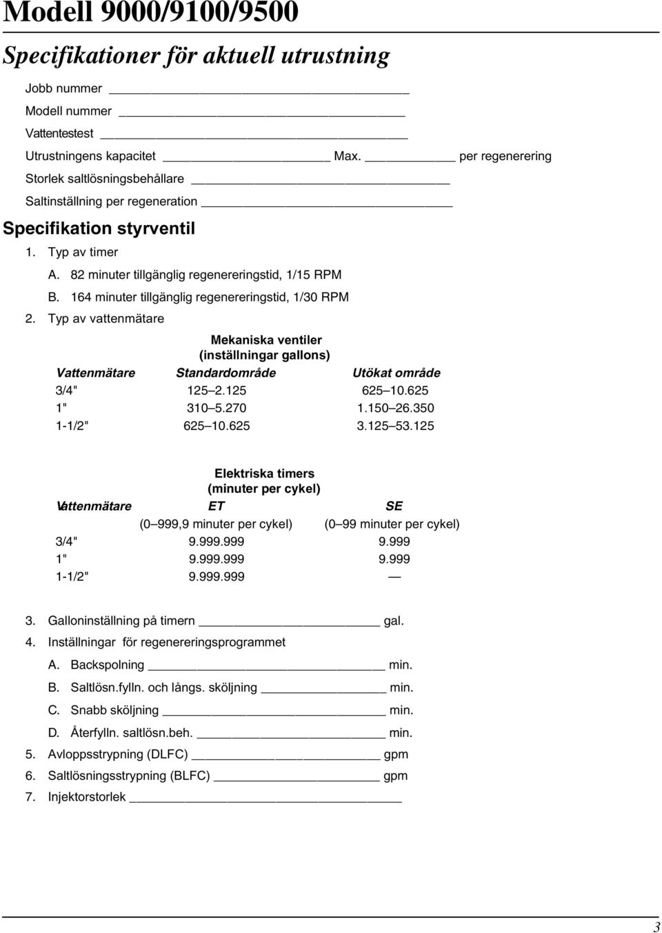 164 minuter tillgänglig regenereringstid, 1/30 RPM 2. Typ av vattenmätare Mekaniska ventiler (inställningar gallons) Vattenmätare Standardområde Utökat område 3/4" 125 2.125 625 10.625 1" 310 5.270 1.