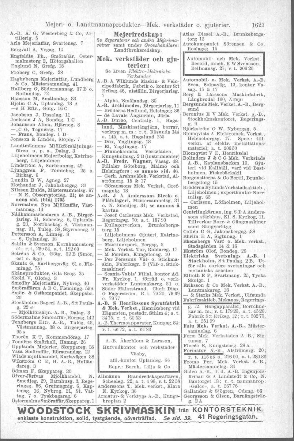 15 Engfeldts Ph., Smöraftär, Öster- Mek. verkstäder och gju-1 Automobil- och Mek. Verkst. malmstorg 2, Hötorgshallen Record, inneh. K W Svensson, Englund N, Grefg. 18 terier: Bellman.g. 27; r. t. 20620.