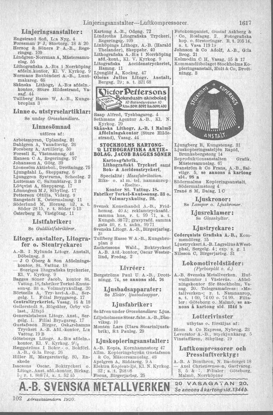 , Bege- Thelanderl, Skeppsbr.- 40 Johnson & Co Adolf, A.-B., G:la.nngsg. 109. Lithografiska A.-B:s i Norrköping Brog. 21. Linldgre~5No.rrman A, Mästersamu- afd.-kont., Kl. V.