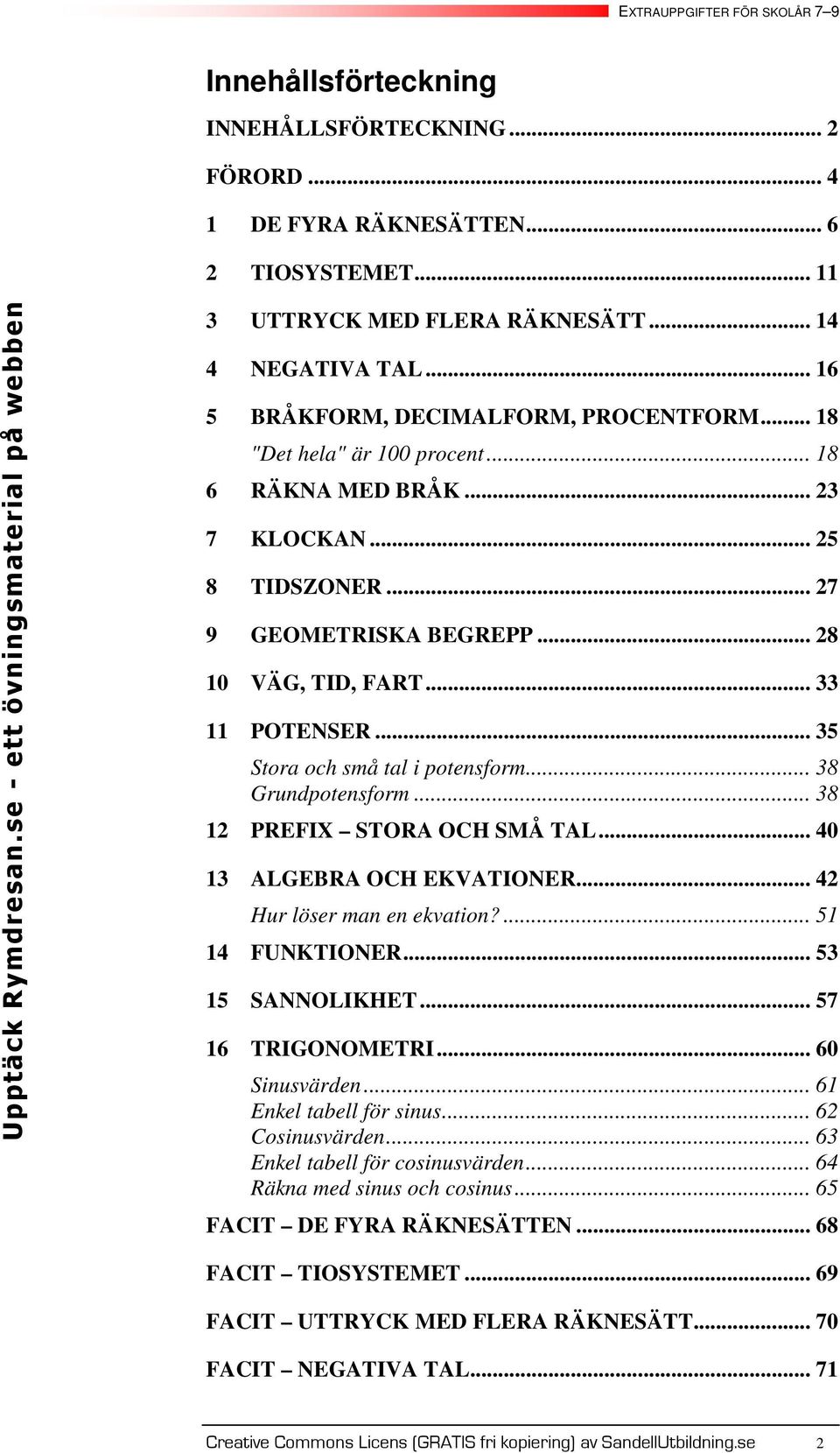 .. 8 PREFIX STORA OCH SMÅ TAL... 0 ALGEBRA OCH EKVATIONER... Hur löser man en ekvation?... FUNKTIONER... SANNOLIKHET... TRIGONOMETRI... 0 Sinusvärden... Enkel tabell för sinus... Cosinusvärden.