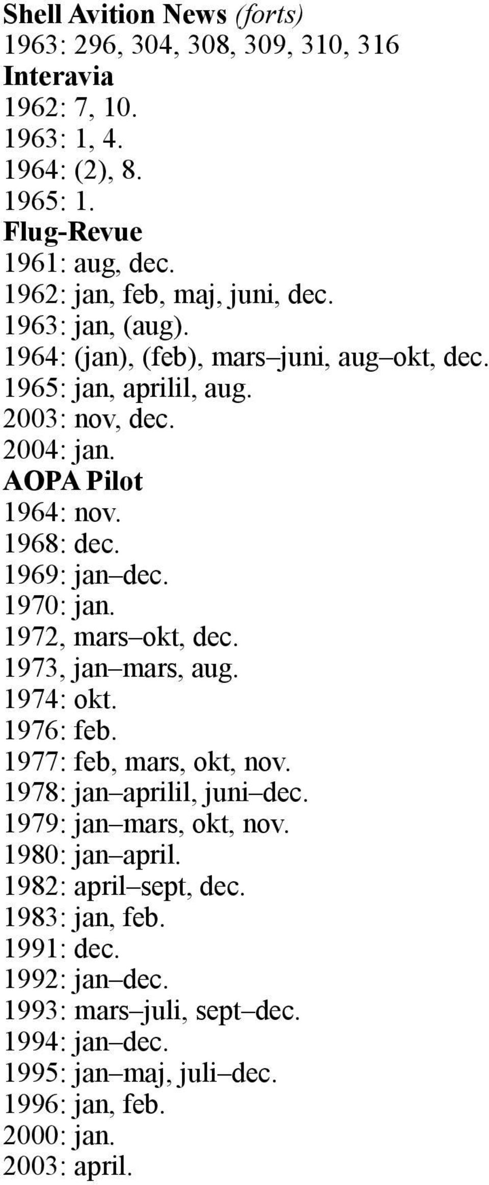 1968: dec. 1969: jan dec. 1970: jan. 1972, mars okt, dec. 1973, jan mars, aug. 1974: okt. 1976: feb. 1977: feb, mars, okt, nov. 1978: jan aprilil, juni dec.