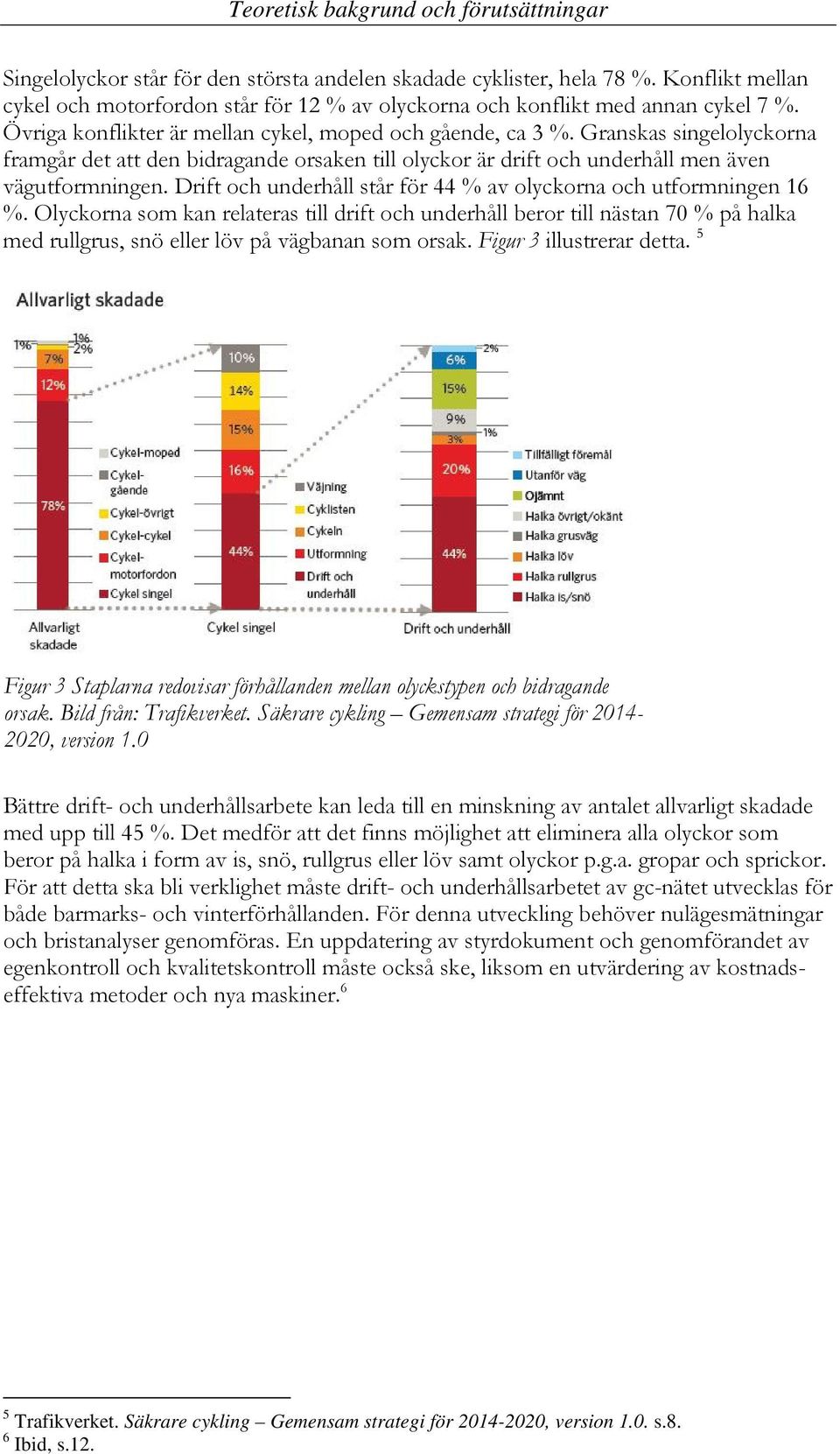 Granskas singelolyckorna framgår det att den bidragande orsaken till olyckor är drift och underhåll men även vägutformningen. Drift och underhåll står för 44 % av olyckorna och utformningen 16 %.