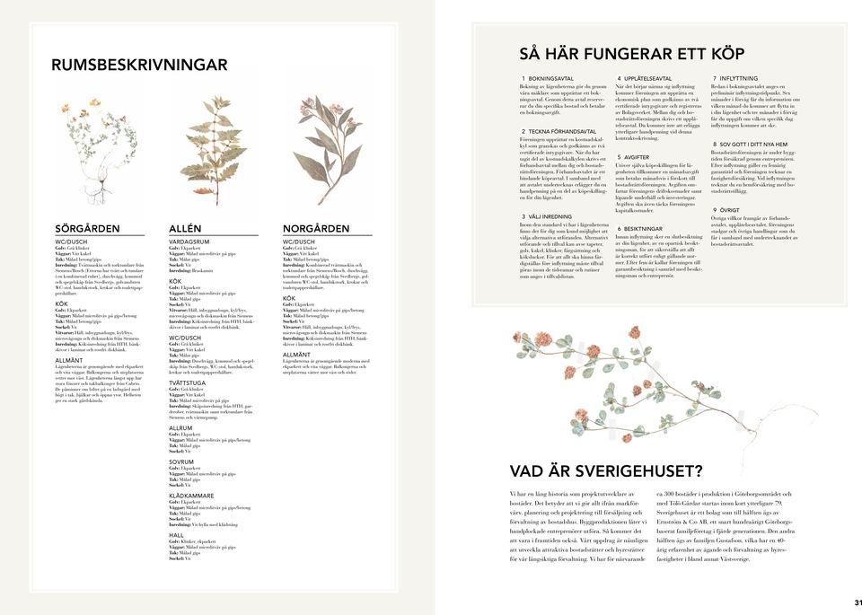 Ö olv: Ekparkett Väggar: Målad microlitväv på gips/betong Tak: Målad betong/gips Sockel: Vit Vitvaror: Häll, inbyggnadsugn, kyl/frys, microvågsugn och diskmaskin från Siemens Inredning: öksinredning