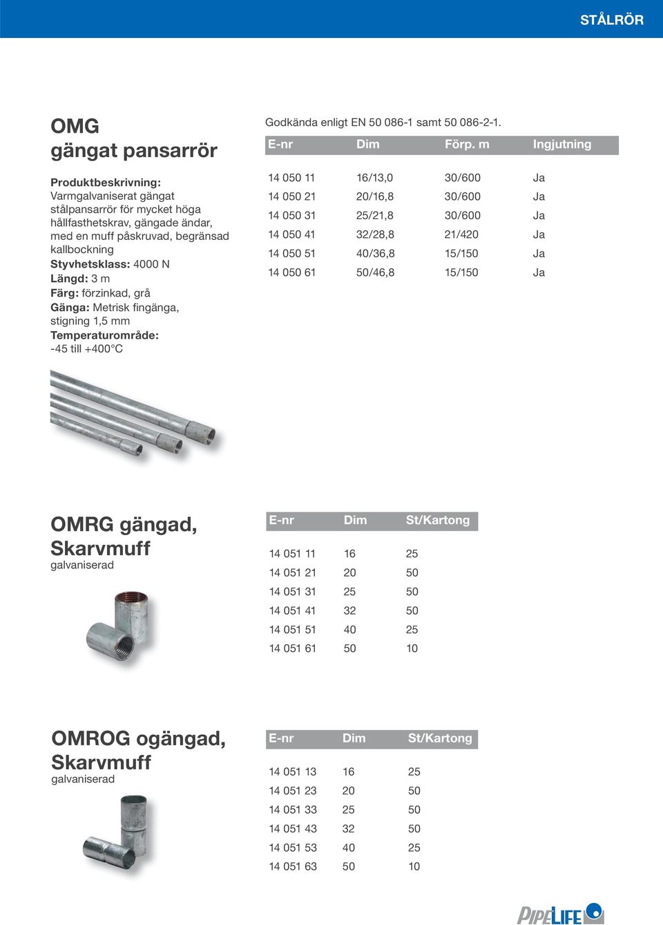 m Ingjutning 14 050 11 /13,0 30/600 Ja 14 050 21 20/,8 30/600 Ja 14 050 31 25/21,8 30/600 Ja 14 050 41 32/28,8 21/420 Ja 14 050 51 40/36,8 15/150 Ja 14 050 61 50/46,8 15/150 Ja OMRG gängad, Skarvmuff