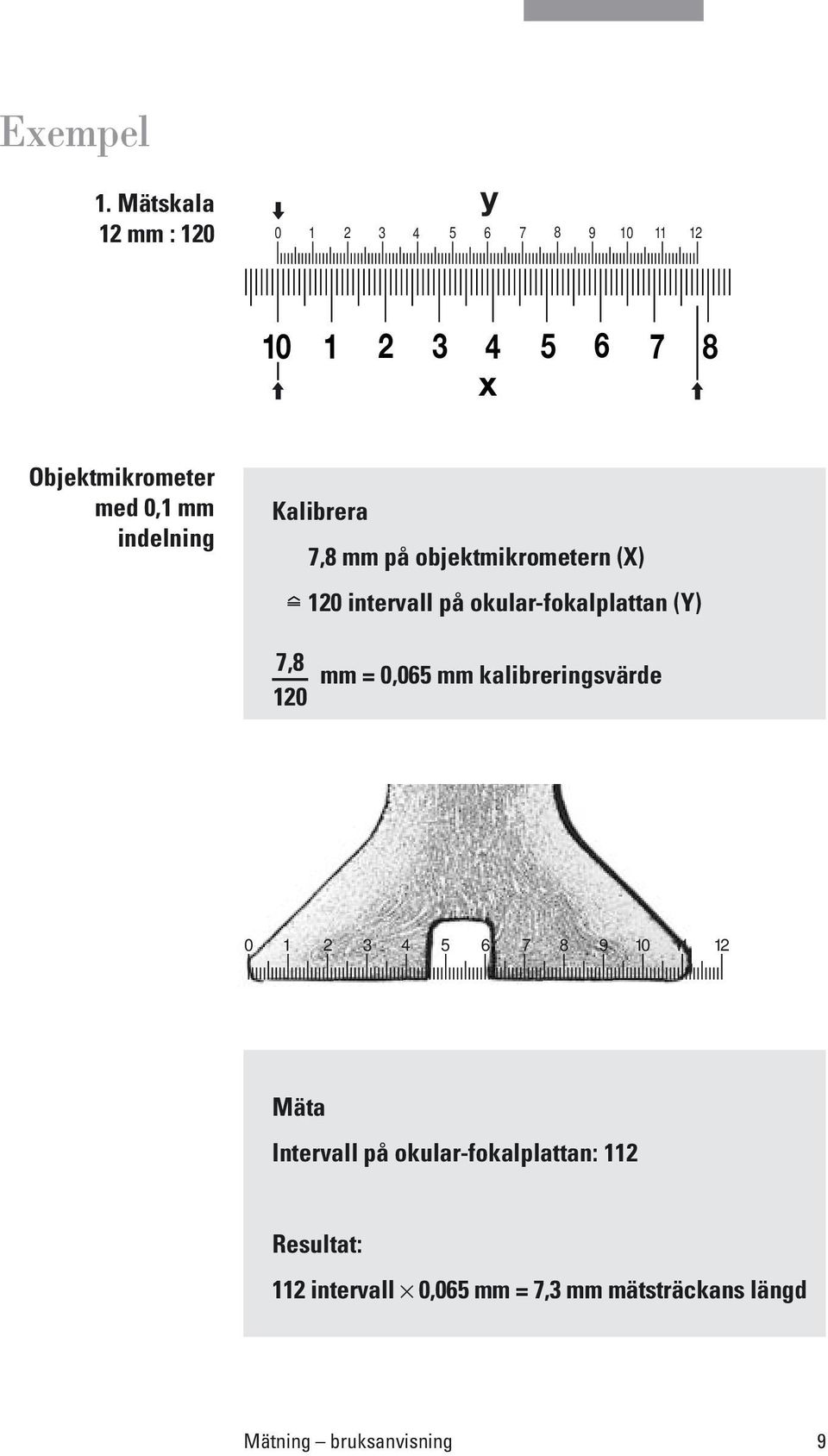 indelning Kalibrera 7,8 mm på objektmikrometern (X) 120 intervall på okular-fokalplattan (Y) 7,8 120