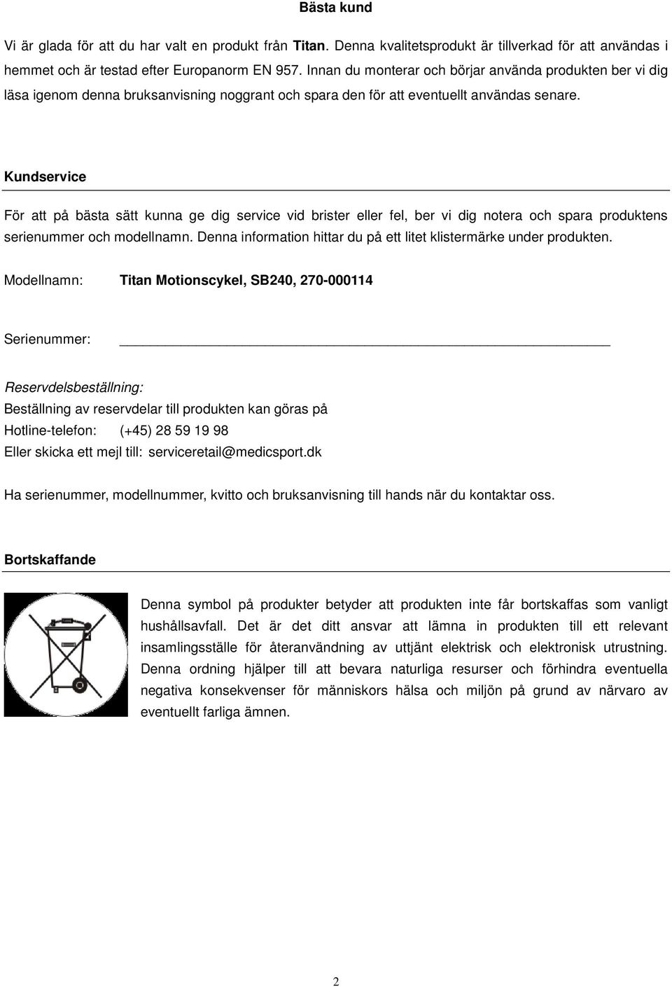 Titan Motionscykel SB240. Manual - PDF Free Download