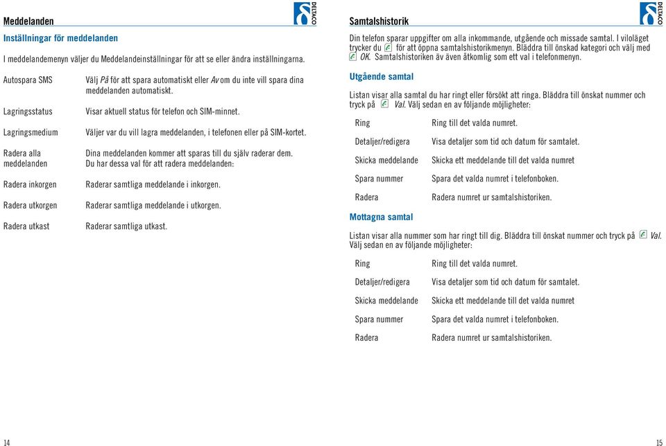 automatiskt. Visar aktuell status för telefon och SIM-minnet. Väljer var du vill lagra meddelanden, i telefonen eller på SIM-kortet. Dina meddelanden kommer att sparas till du själv raderar dem.