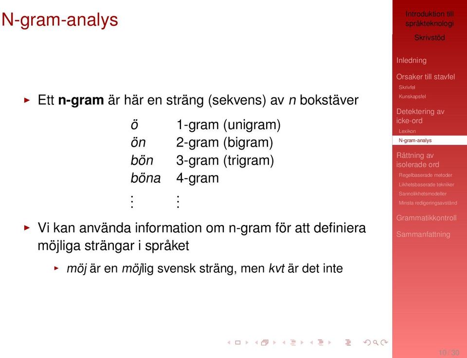 Vi kan använda information om n-gram för att definiera möjliga