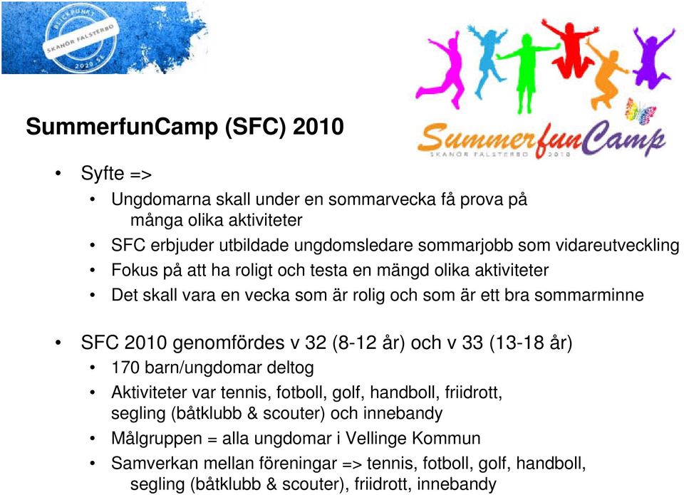 genomfördes v 32 (8-12 år) och v 33 (13-18 år) 170 barn/ungdomar deltog Aktiviteter var tennis, fotboll, golf, handboll, friidrott, segling (båtklubb & scouter)