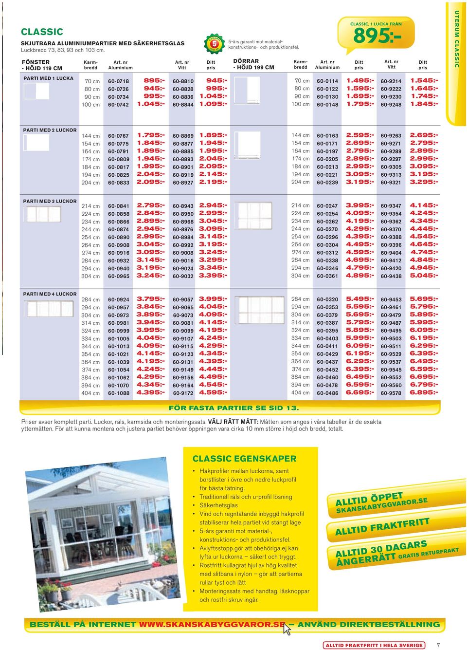 095:- classic, 1 lucka från 5-års garanti mot material- 895:- konstruktions- och produktionsfel. dörrar - höjd 199 cm 70 cm 80 cm 90 cm 100 cm Art.