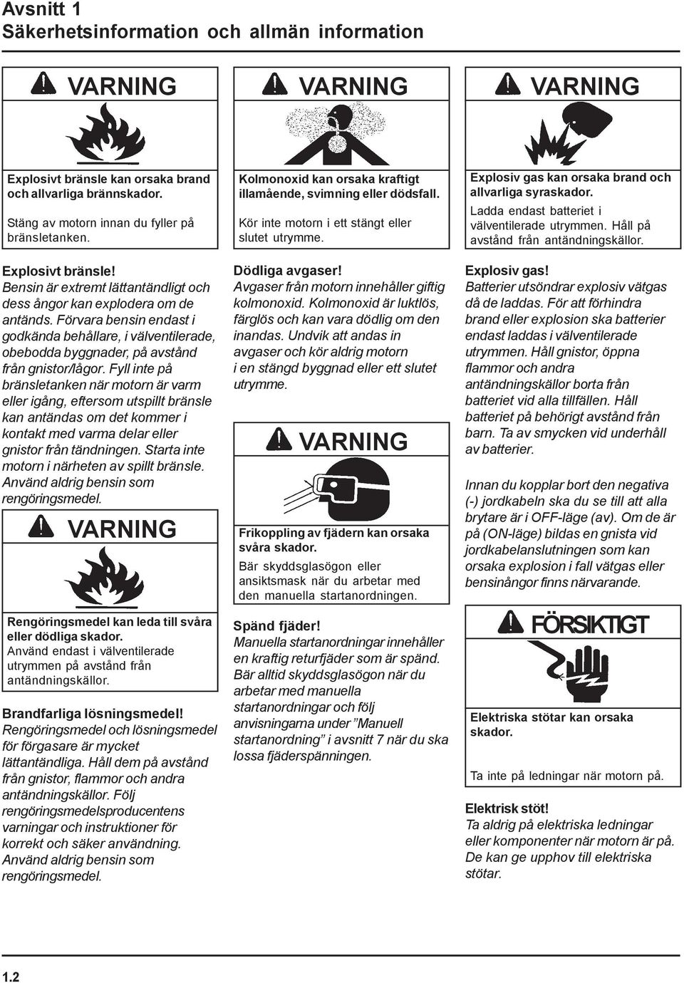 Förvara bensin endast i godkända behållare, i välventilerade, obebodda byggnader, på avstånd från gnistor/lågor.