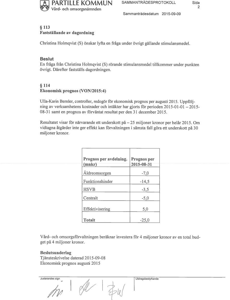 114 Ekonomisk prognos (VON/2015:4) Ulla-Karin Bernier, controller, redogör för ekonomisk prognos per augusti 2015.