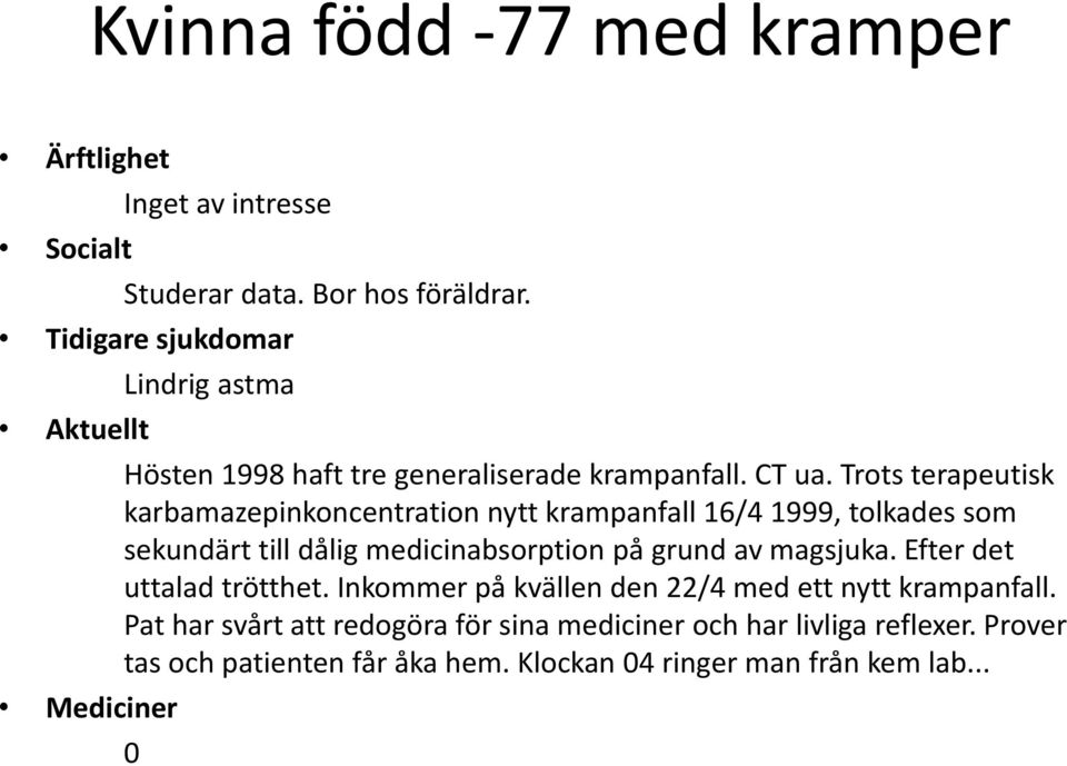 Trots terapeutisk karbamazepinkoncentration nytt krampanfall 16/4 1999, tolkades som sekundärt till dålig medicinabsorption på grund av magsjuka.