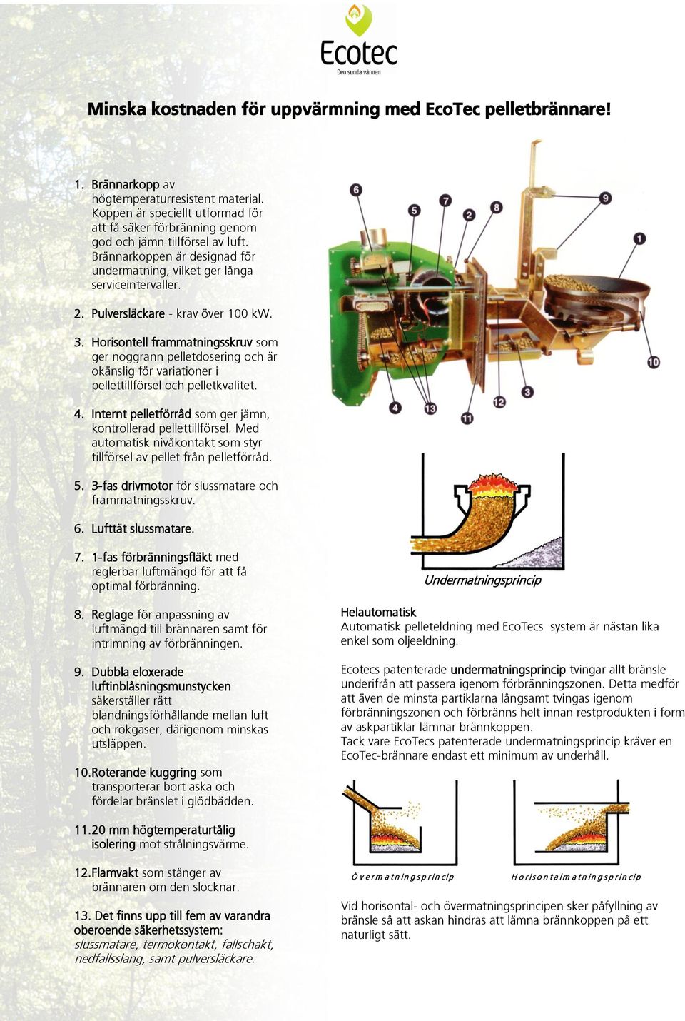 Pulversläckare - krav över 100 kw. 3. Horisontell frammatningsskruv som ger noggrann pelletdosering och är okänslig för variationer i pellettillförsel och pelletkvalitet. 4.
