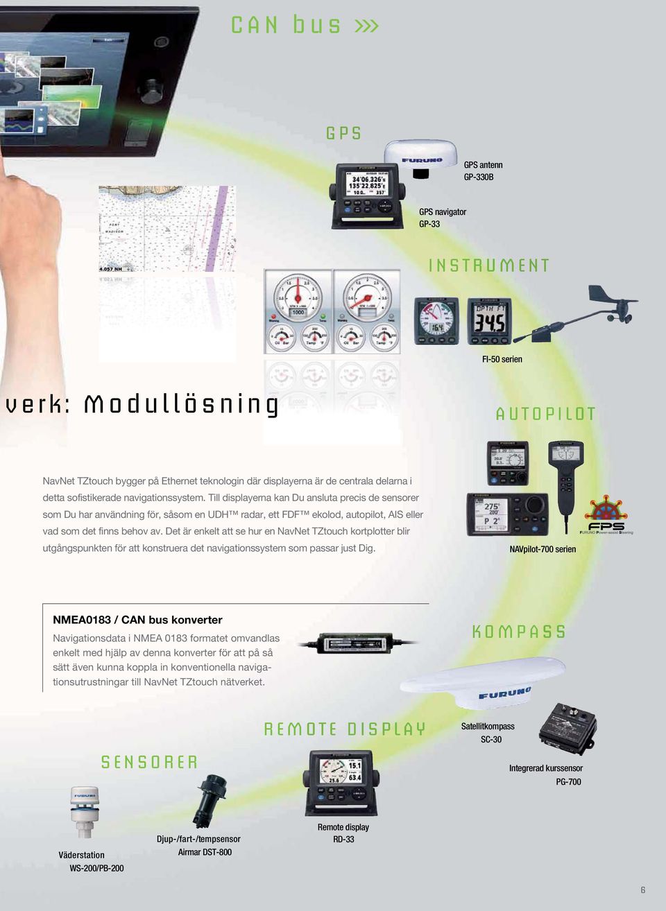 Till displayerna kan Du ansluta precis de sensorer som Du har användning för, såsom en UDH radar, ett FDF ekolod, autopilot, AIS eller vad som det finns behov av.