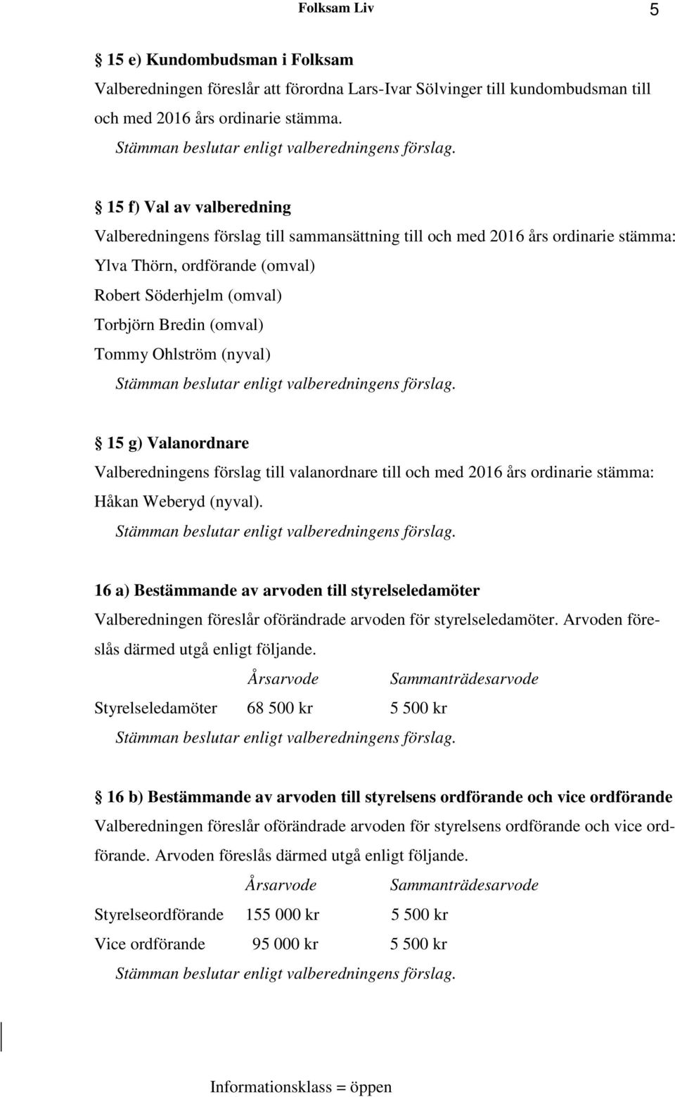 15 f) Val av valberedning Valberedningens förslag till sammansättning till och med 2016 års ordinarie stämma: Ylva Thörn, ordförande (omval) Robert Söderhjelm (omval) Torbjörn Bredin (omval) Tommy