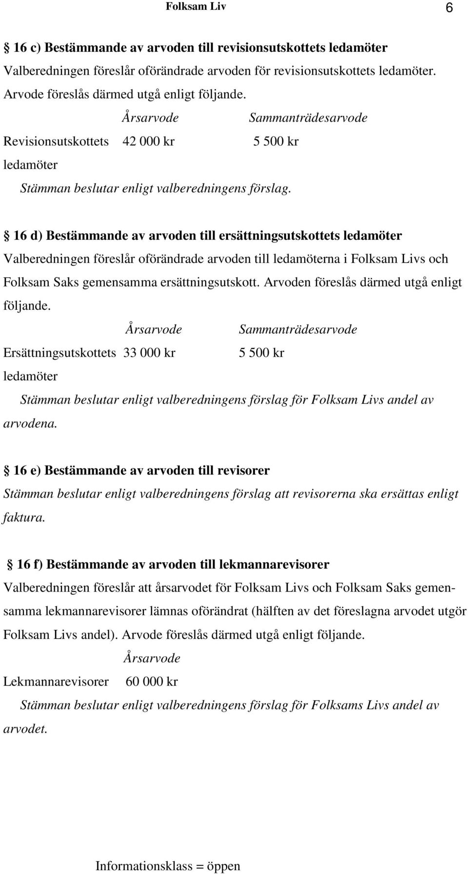 16 d) Bestämmande av arvoden till ersättningsutskottets ledamöter Valberedningen föreslår oförändrade arvoden till ledamöterna i Folksam Livs och Folksam Saks gemensamma ersättningsutskott.