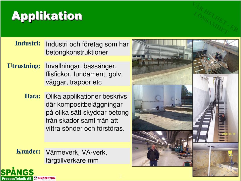 trappor etc Data: Olika applikationer beskrivs där kompositbeläggningar på olika sätt skyddar