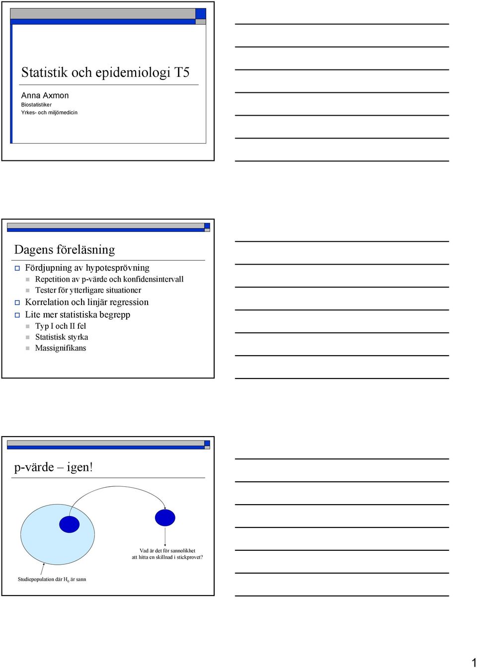 situationer Korrelation och linjär regression Lite mer statistiska begrepp Typ I och II fel Statistisk