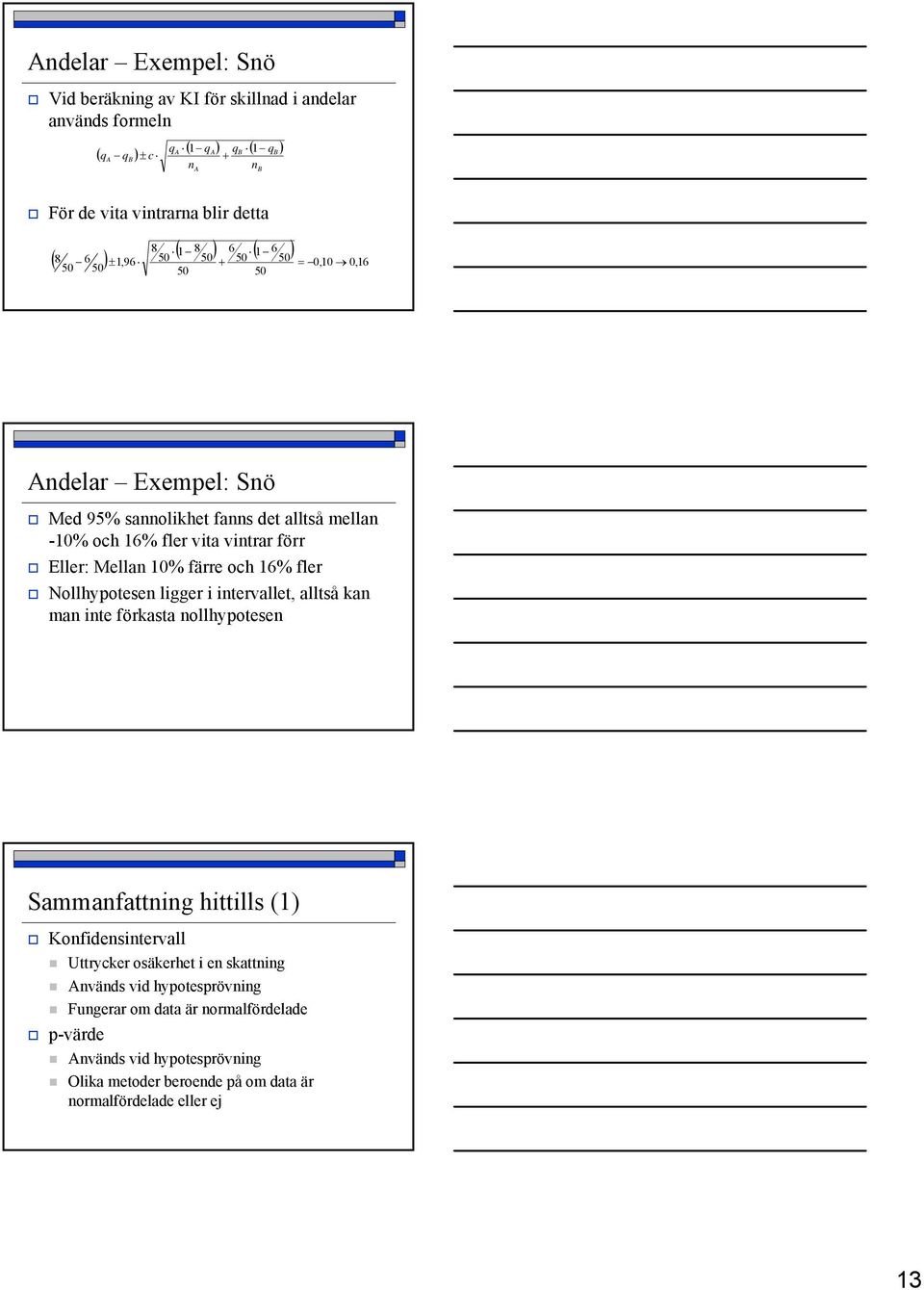 Mellan 10% färre och 16% fler Nollhypotesen ligger i intervallet, alltså kan man inte förkasta nollhypotesen Sammanfattning hittills (1) Konfidensintervall Uttrycker
