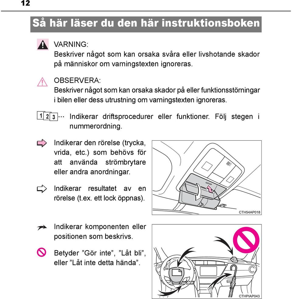 1 2 3 Indikerar driftsprocedurer eller funktioner. Följ stegen i nummerordning. Indikerar den rörelse (trycka, vrida, etc.