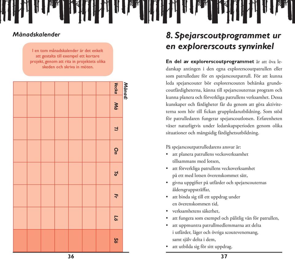 För att kunna leda spejarscouter bör explorerscouten behärska grundscoutfärdigheterna, känna till spejarscouternas program och kunna planera och förverkliga patrullens verksamhet.