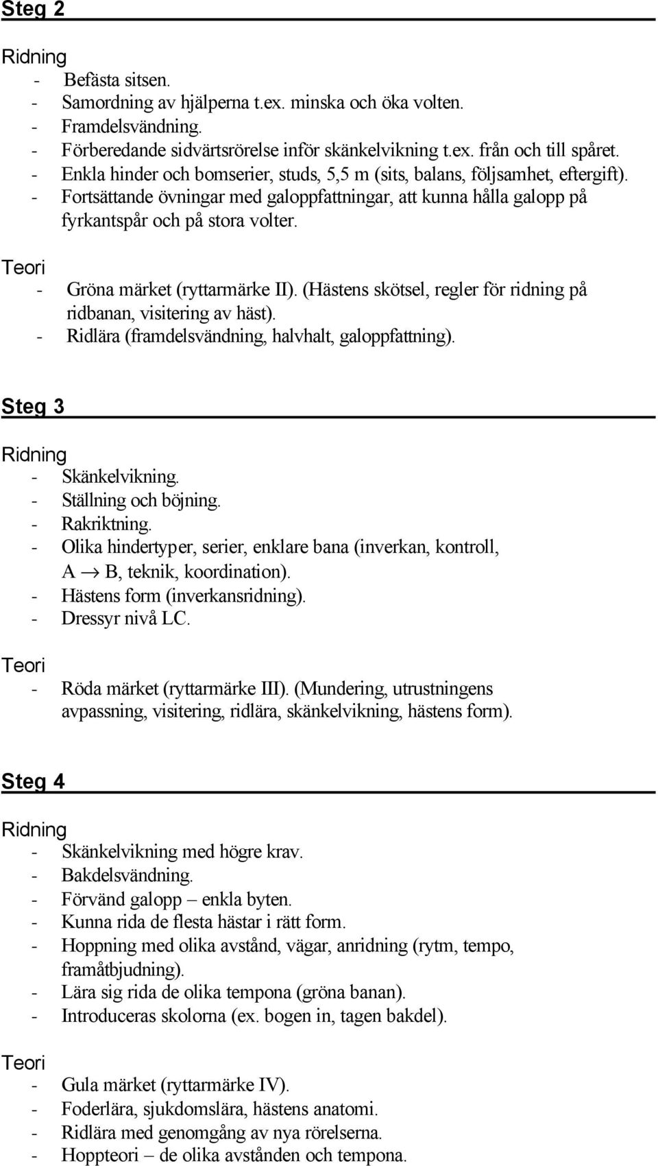 - Gröna märket (ryttarmärke II). (Hästens skötsel, regler för ridning på ridbanan, visitering av häst). - Ridlära (framdelsvändning, halvhalt, galoppfattning). Steg 3 - Skänkelvikning.