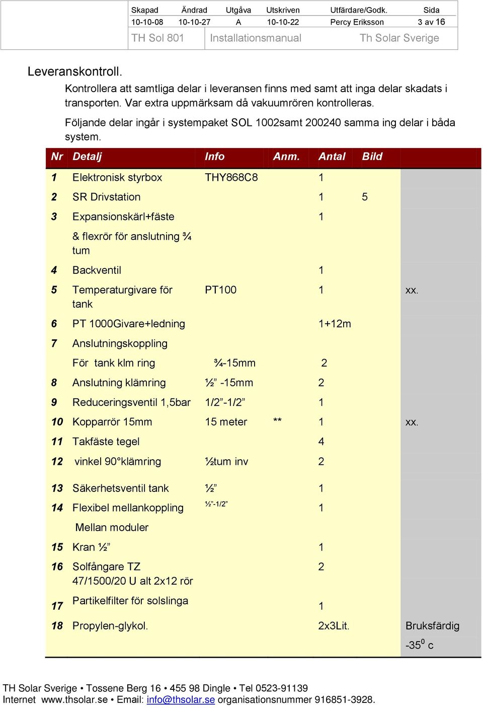 Antal Bild 1 Elektronisk styrbox THY868C8 1 2 SR Drivstation 1 5 3 Expansionskärl+fäste 1 & flexrör för anslutning ¾ tum 4 Backventil 1 5 Temperaturgivare för tank PT100 1 xx.