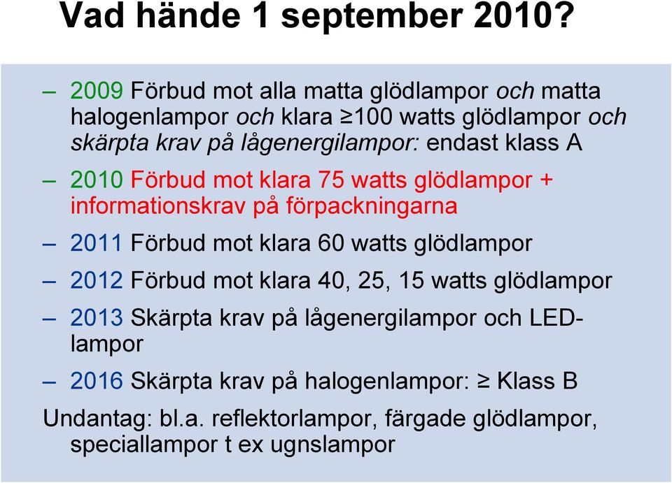 endast klass A 2010 Förbud mot klara 75 watts glödlampor + informationskrav på förpackningarna 2011 Förbud mot klara 60 watts