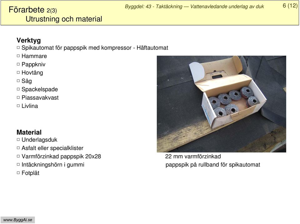 Livlina Material Underlagsduk Asfalt eller specialklister Varmförzinkad pappspik