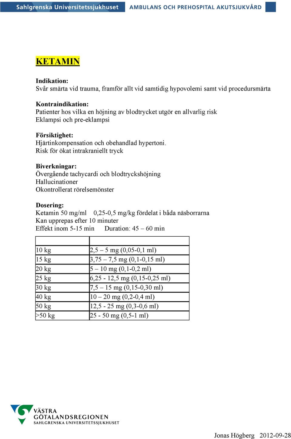 Risk för ökat intrakraniellt tryck Övergående tachycardi och blodtryckshöjning Hallucinationer Okontrollerat rörelsemönster Ketamin 50 mg/ml 0,25-0,5 mg/kg fördelat i båda