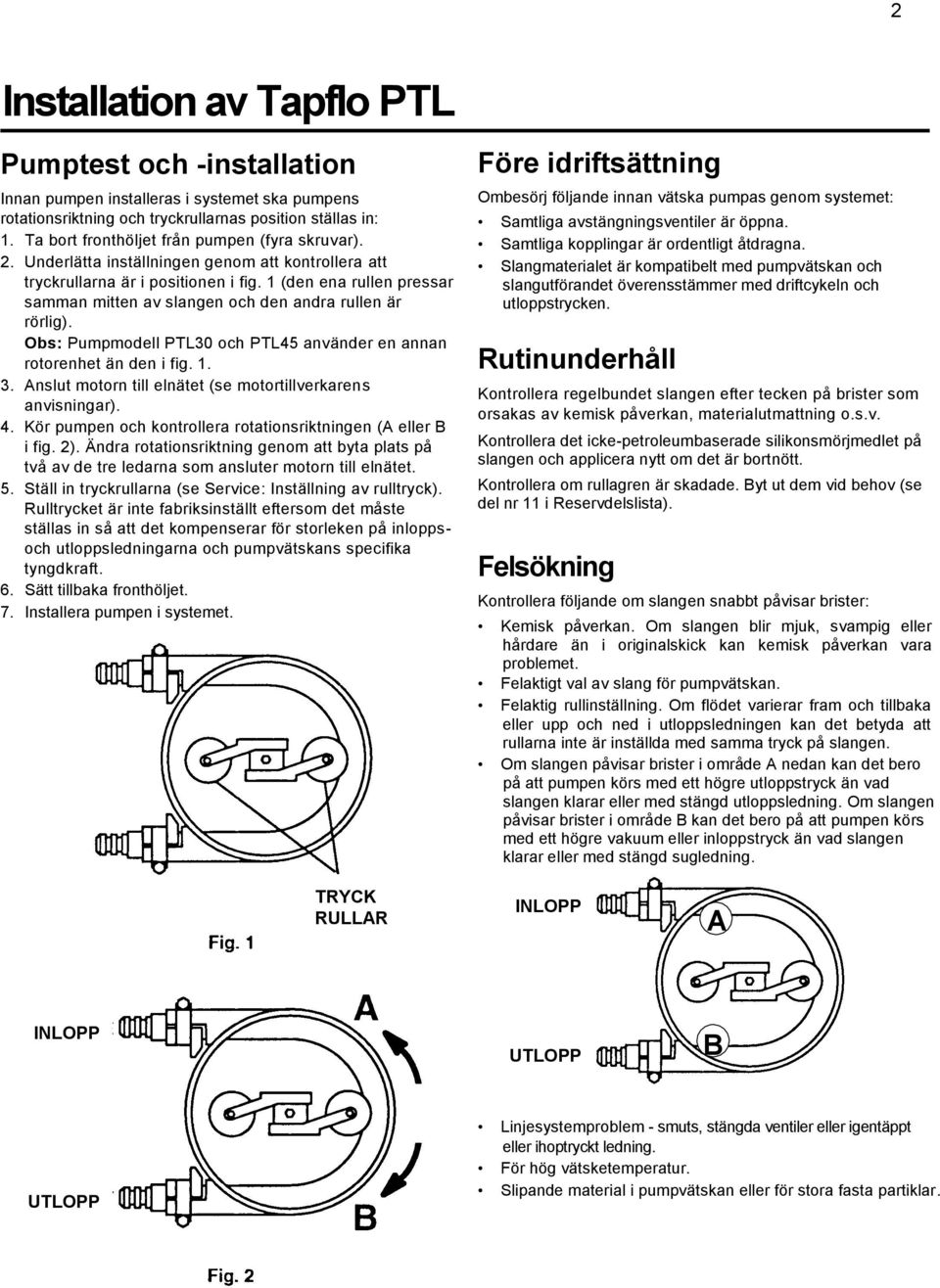 1 (den ena rullen pressar samman mitten av slangen och den andra rullen är rörlig). Obs: Pumpmodell PTL30 och PTL45 använder en annan rotorenhet än den i fig. 1. 3.