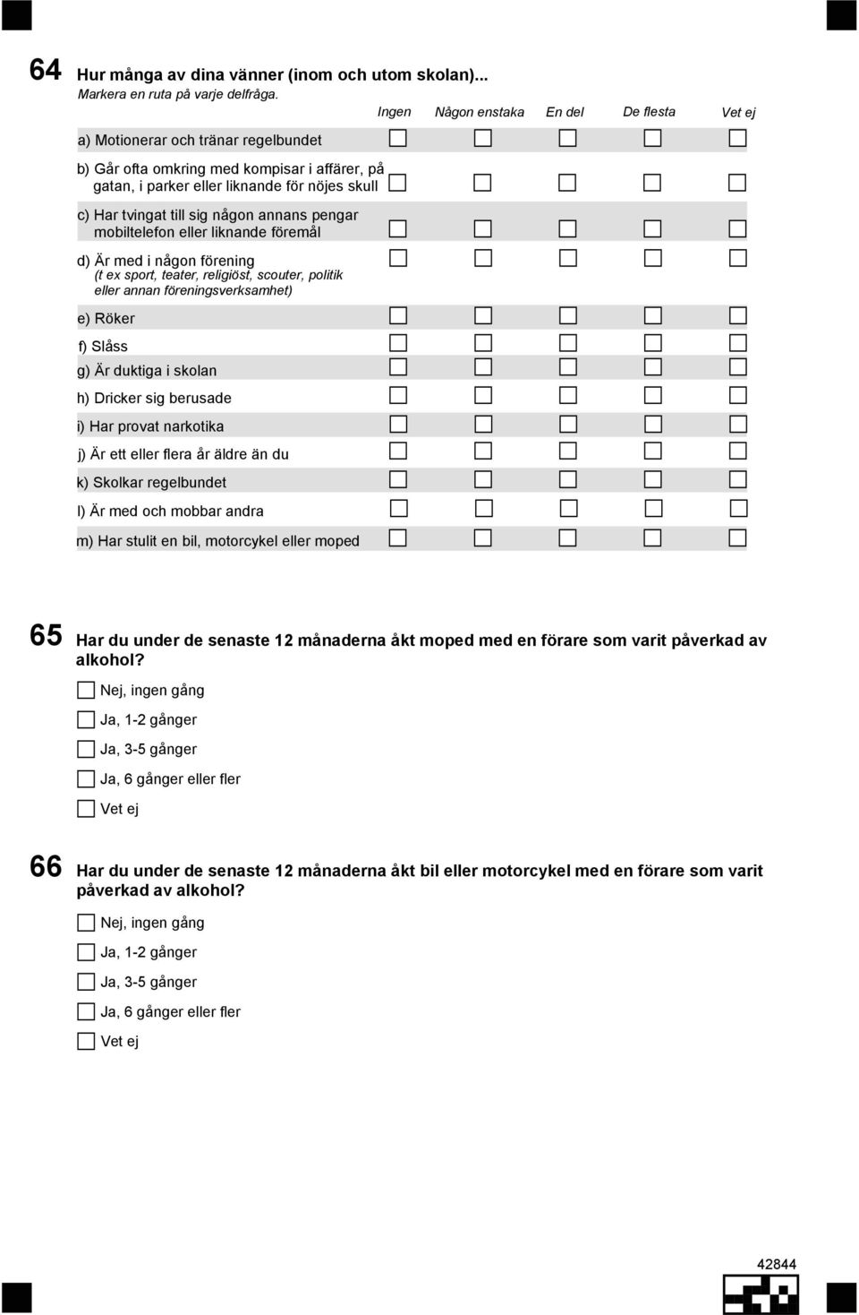 någon annans pengar mobiltelefon eller liknande föremål d) Är med i någon förening (t ex sport, teater, religiöst, scouter, politik eller annan föreningsverksamhet) e) Röker f) Slåss g) Är duktiga i