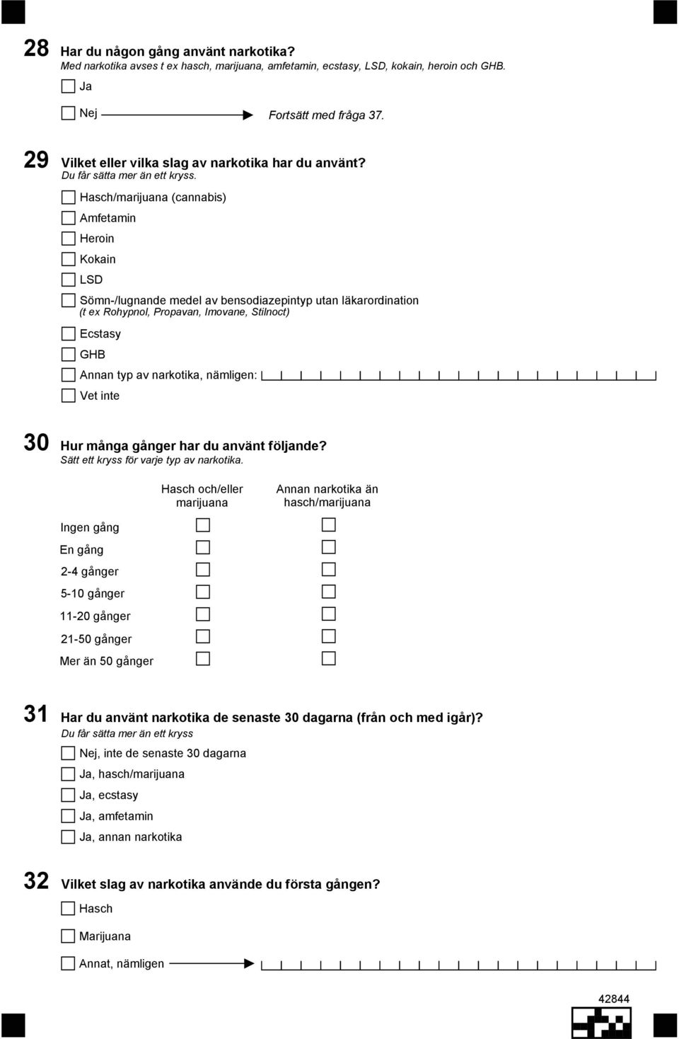 Hasch/marijuana (cannabis) Amfetamin Heroin Kokain LSD Sömn-/lugnande medel av bensodiazepintyp utan läkarordination (t ex Rohypnol, Propavan, Imovane, Stilnoct) Ecstasy GHB Annan typ av narkotika,