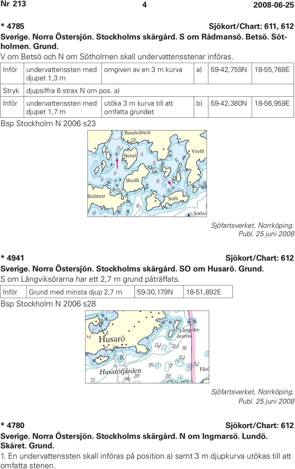 a) Inför undervattenssten med djupet 1,7 m Bsp Stockholm N 2006 s23 utöka 3 m kurva till att omfatta grundet b) 59-42,380N 18-56,959E Sjöfartsverket, Norrköping. * 4941 Sjökort/Chart: 612 Sverige.
