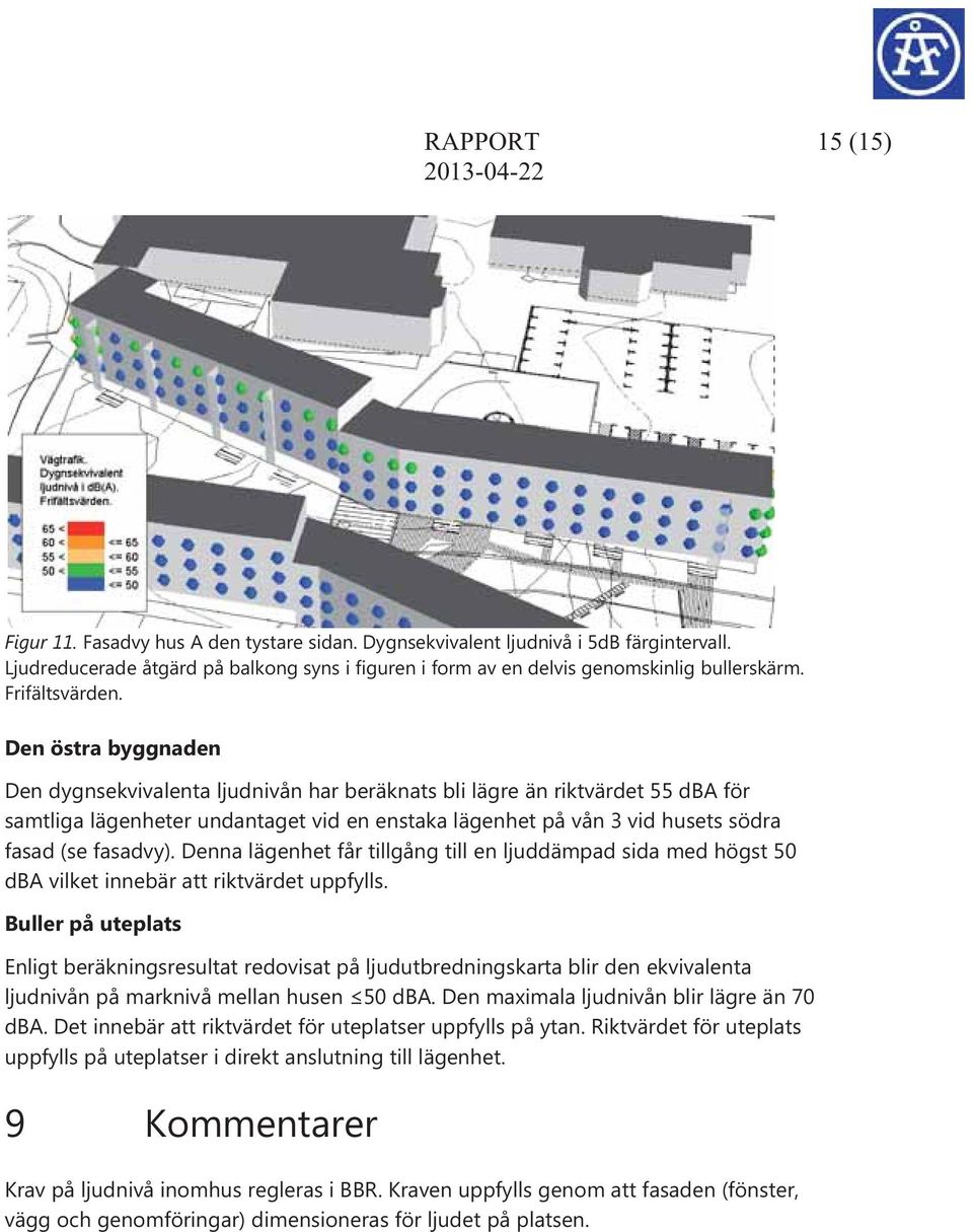 Den östra byggnaden Den dygnsekvivalenta ljudnivån har beräknats bli lägre än riktvärdet 55 dba för samtliga lägenheter undantaget vid en enstaka lägenhet på vån vid husets södra fasad (se fasadvy).