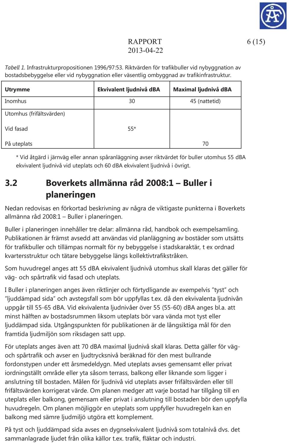 Utrymme Ekvivalent ljudnivå dba Maximal ljudnivå dba Inomhus 0 45 (nattetid) Utomhus (frifältsvärden) Vid fasad 55* På uteplats 70 * Vid åtgärd i järnväg eller annan spåranläggning avser riktvärdet