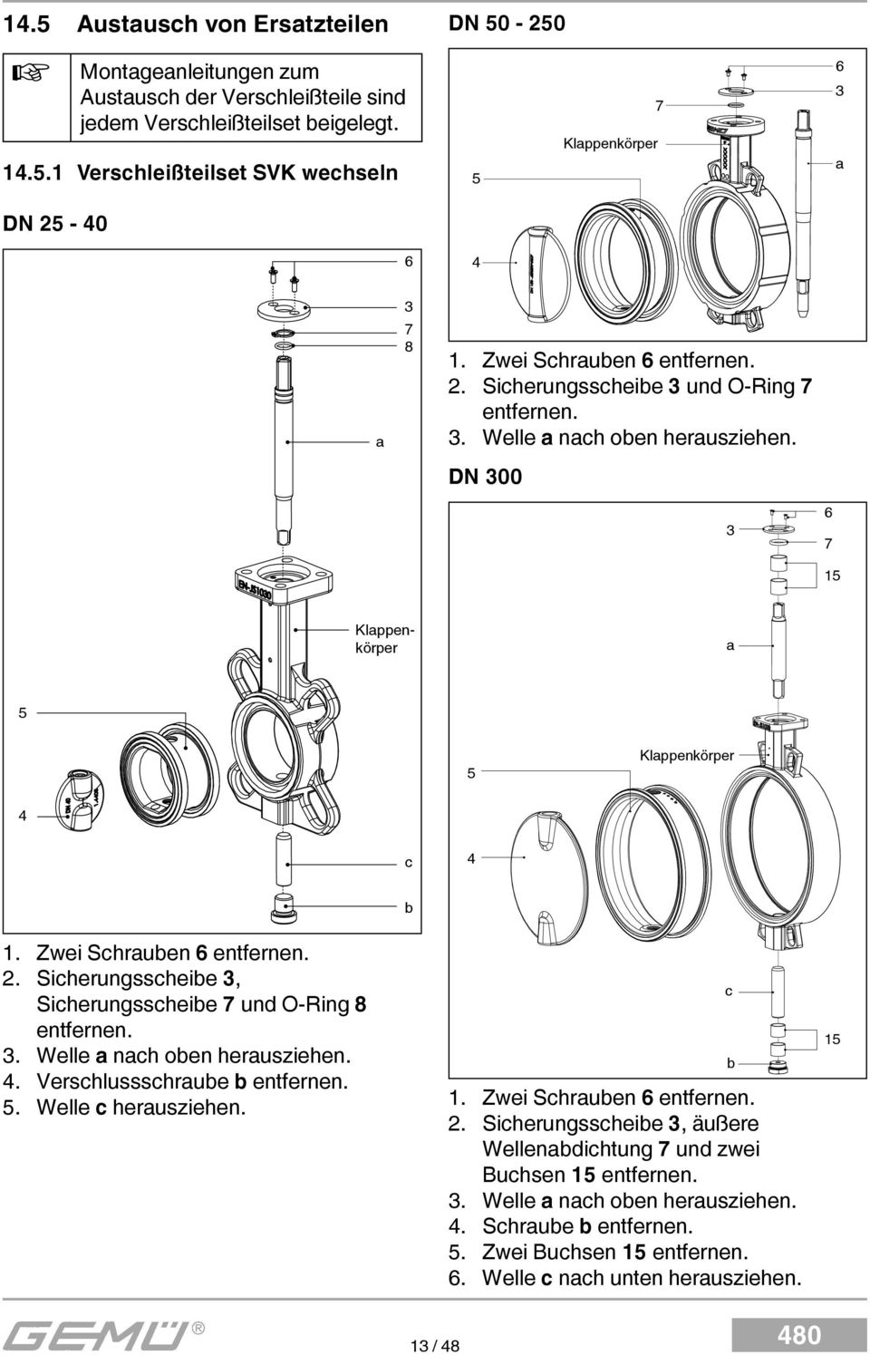 2. Sicherungsscheibe 3, Sicherungsscheibe 7 und O-Ring 8 entfernen. 3. Welle a nach oben herausziehen. 4. Verschlussschraube b entfernen. 5. Welle c herausziehen. 1. Zwei Schrauben 6 entfernen. 2.