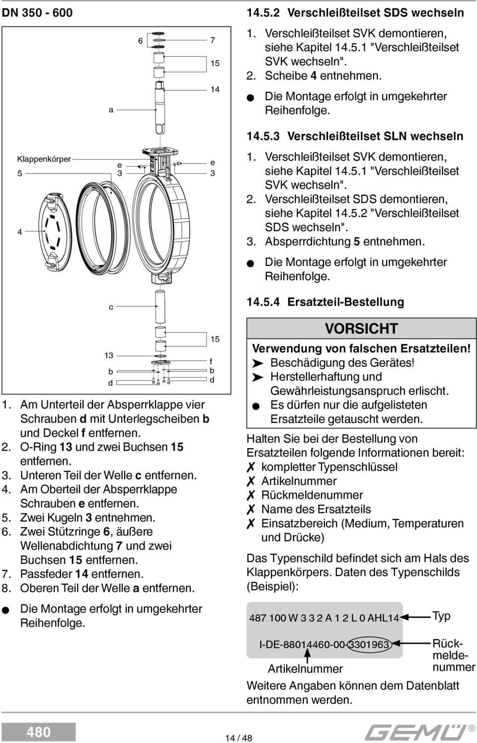 2. Verschleißteilset SDS demontieren, siehe Kapitel 14.5.2 "Verschleißteilset SDS wechseln". 3. Absperrdichtung 5 entnehmen. Die Montage erfolgt in umgekehrter Reihenfolge. c 13 1.