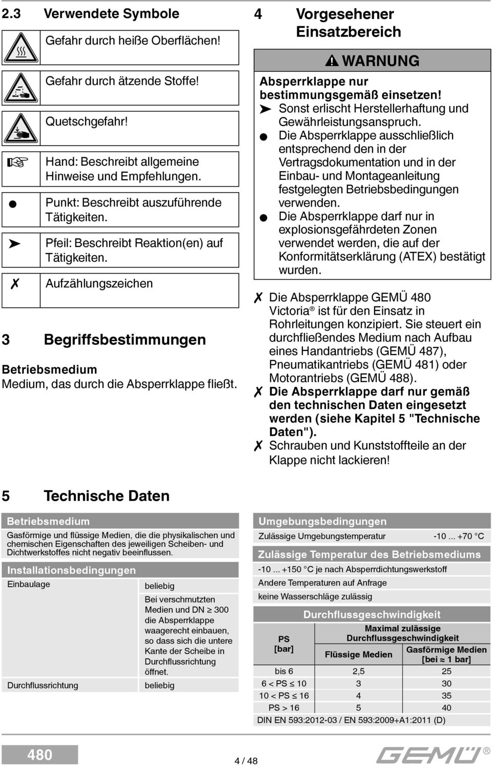 4 Vorgesehener Einsatzbereich WARNUNG Absperrklappe nur bestimmungsgemäß einsetzen! Sonst erlischt Herstellerhaftung und Gewährleistungsanspruch.