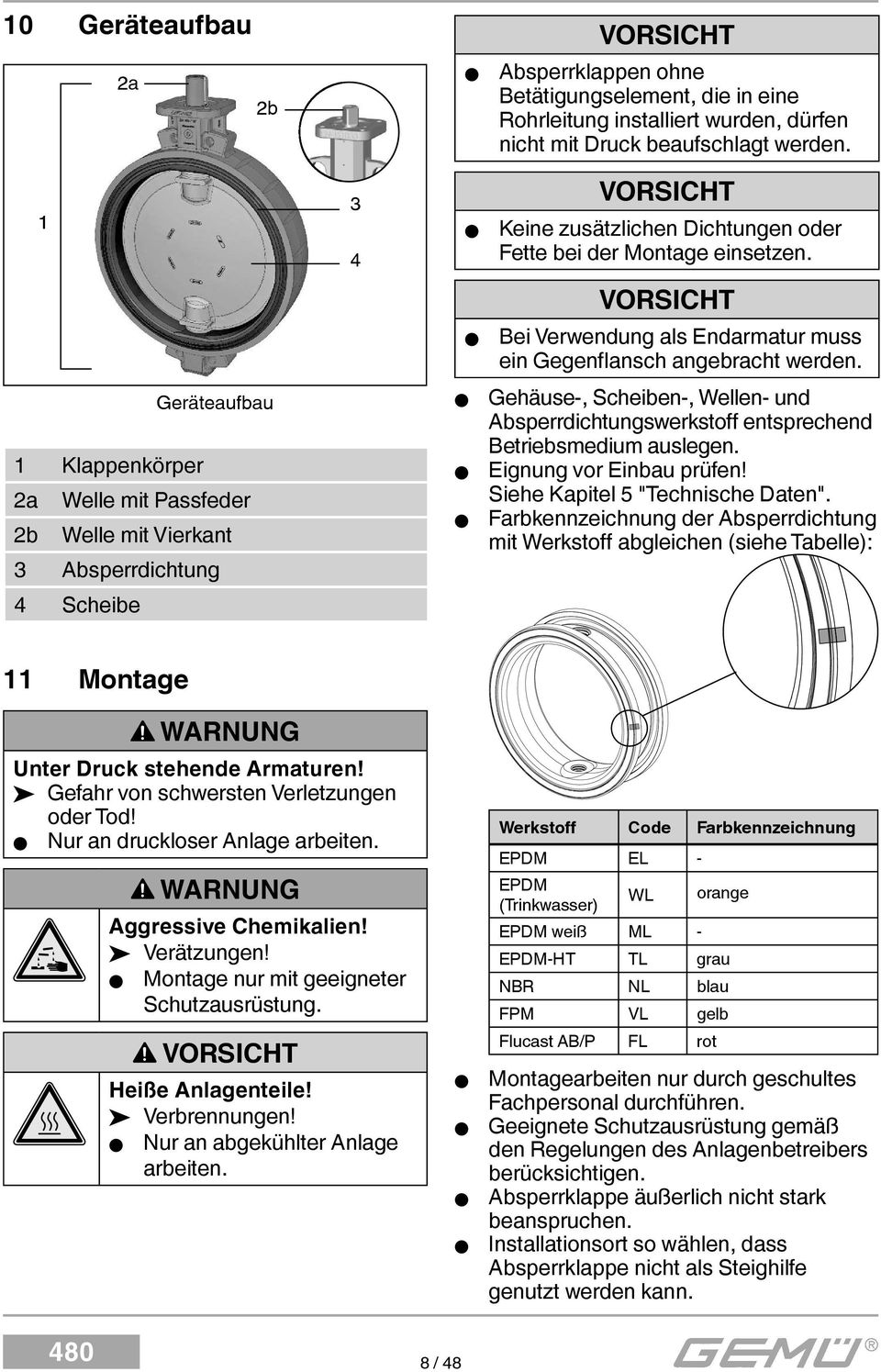 VORSICHT Bei Verwendung als Endarmatur muss ein Gegenfl ansch angebracht werden. Gehäuse-, Scheiben-, Wellen- und Absperrdichtungswerkstoff entsprechend Betriebsmedium auslegen.