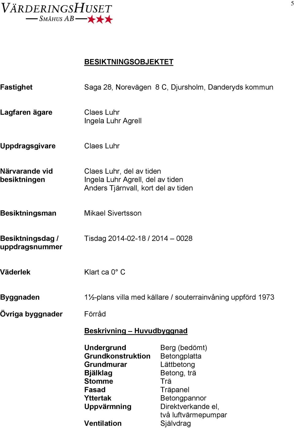 2014 0028 Väderlek Klart ca 0 C Byggnaden 1½-plans villa med källare / souterrainvåning uppförd 1973 Övriga byggnader Förråd Beskrivning Huvudbyggnad Undergrund Grundkonstruktion