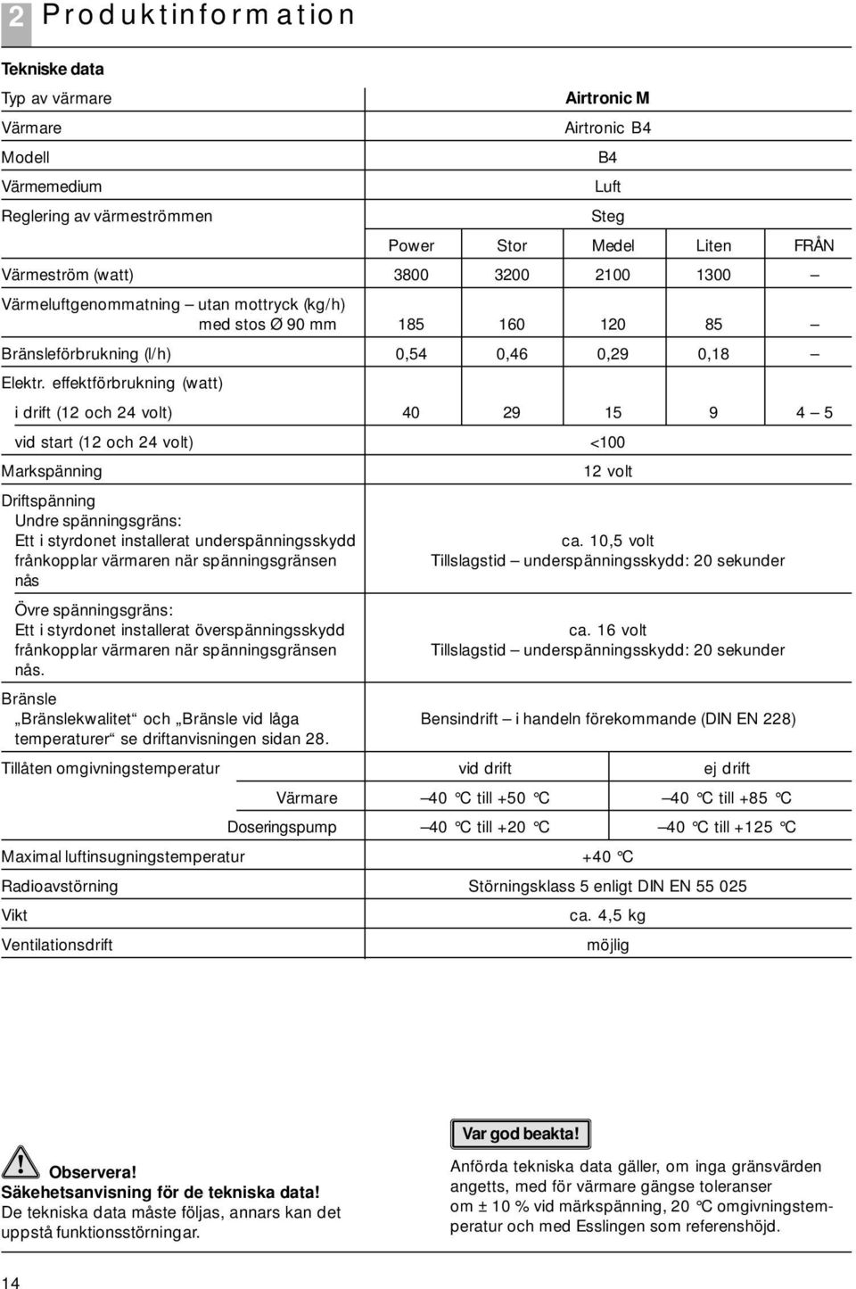 effektförbrukning (watt) i drift (12 och 24 volt) vid start (12 och 24 volt) Markspänning Driftspänning Undre spänningsgräns: Ett i styrdonet installerat underspänningsskydd frånkopplar värmaren när