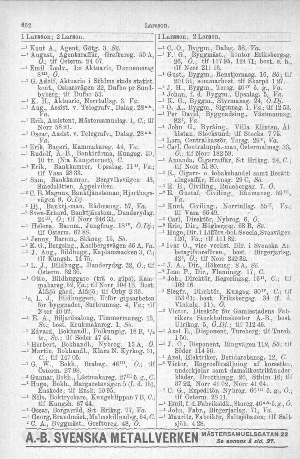 ; tlf _1 G. Ad~lf, Aktuarie i Sthlms stads statist. 20151; sommarbost. tlf Skarpö 127. kont., Oskarsvägen 32, Dufbo pr Sund _2 J. H., Byggm., Torsg. 40 IV ö. g., Va. byberg; tlf Dufbo 53..,1 Johan, f.