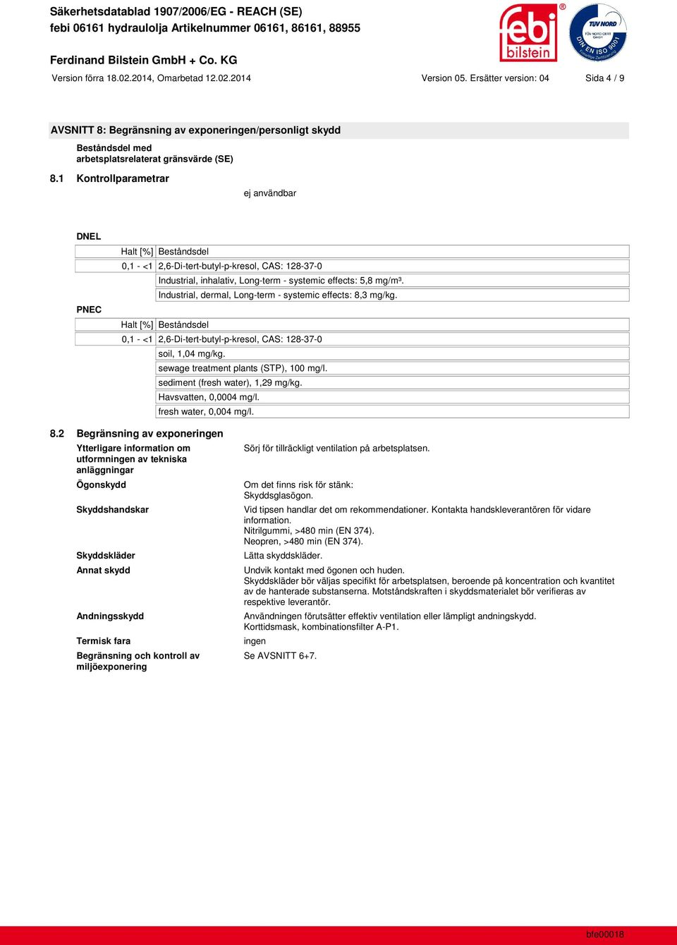 1 Kontrollparametrar DNEL PNEC 0,1 - <1 2,6-Di-tert-butyl-p-kresol, CAS: 128-37-0 Industrial, inhalativ, Long-term - systemic effects: 5,8 mg/m³.