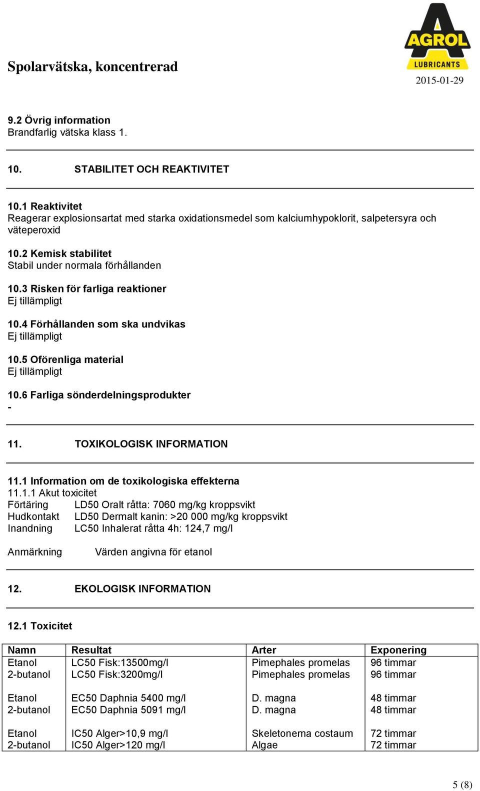 3 Risken för farliga reaktioner Ej tillämpligt 10.4 Förhållanden som ska undvikas Ej tillämpligt 10.5 Oförenliga material Ej tillämpligt 10.6 Farliga sönderdelningsprodukter - 11.